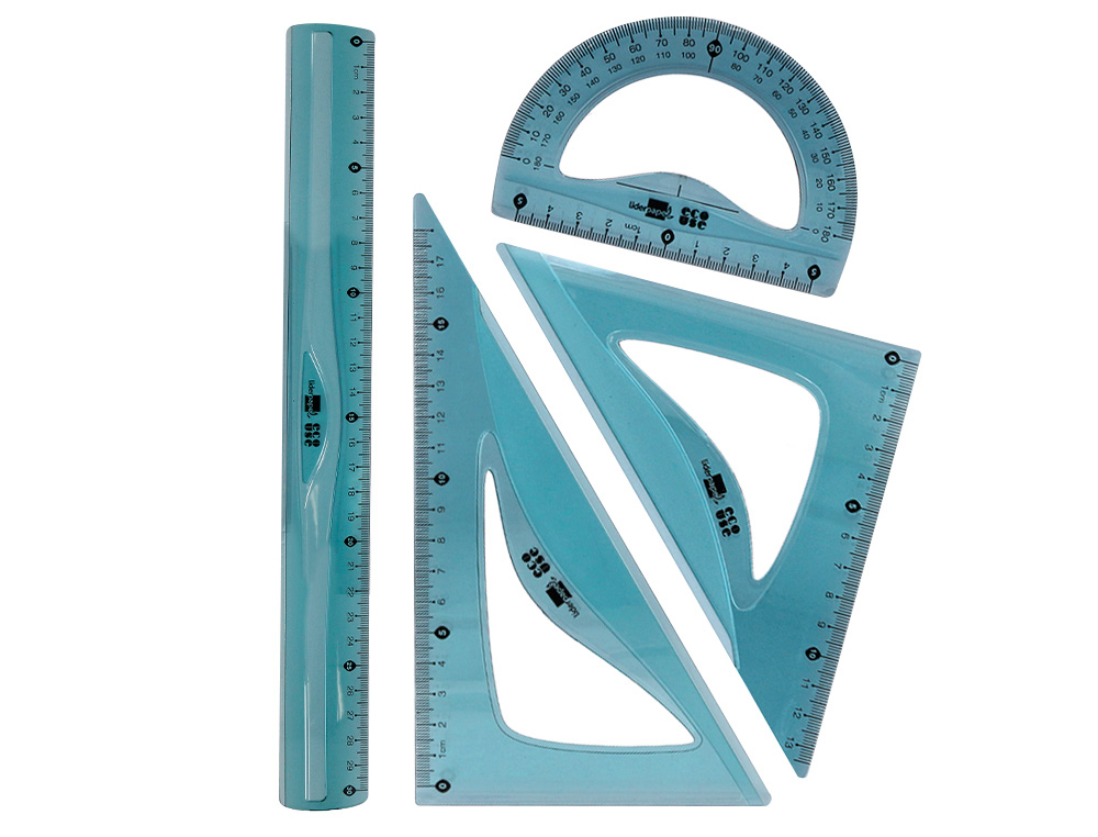 Juego escuadra 20 cm cartabon 18 cm regla 30 cm y semicirculo 10 cm liderpapel ecouse 100% pet reciclado