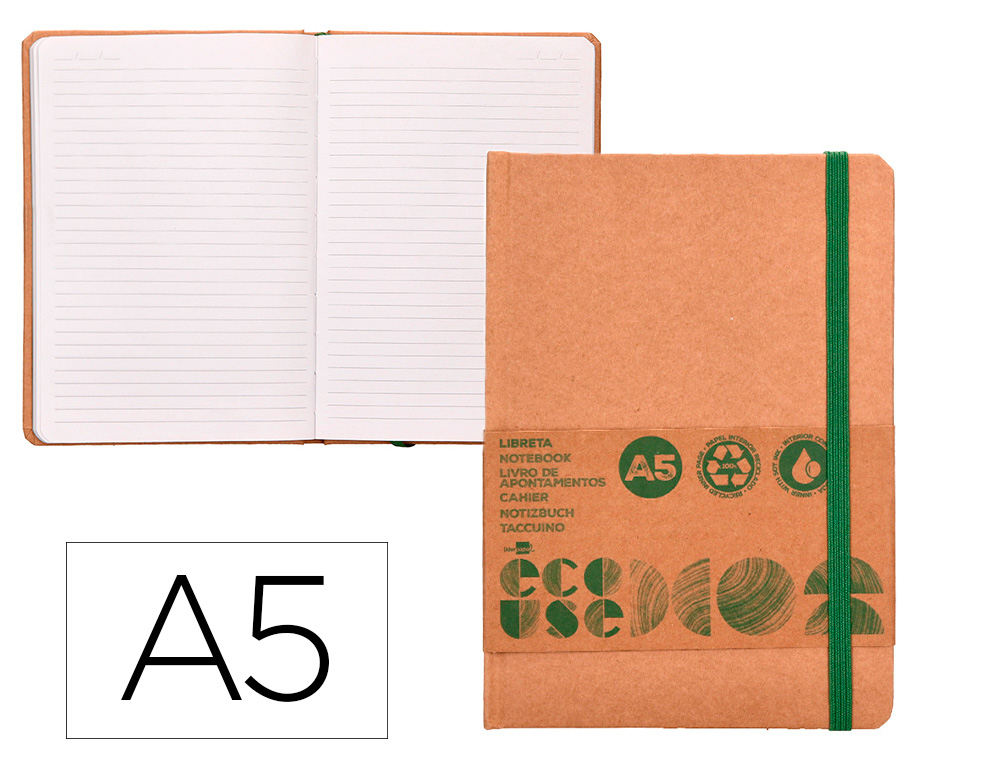 Libreta liderpapel ecouse 100% reciclada a5 96 hojas 70g/m2 horizontal con gomilla y marca paginas