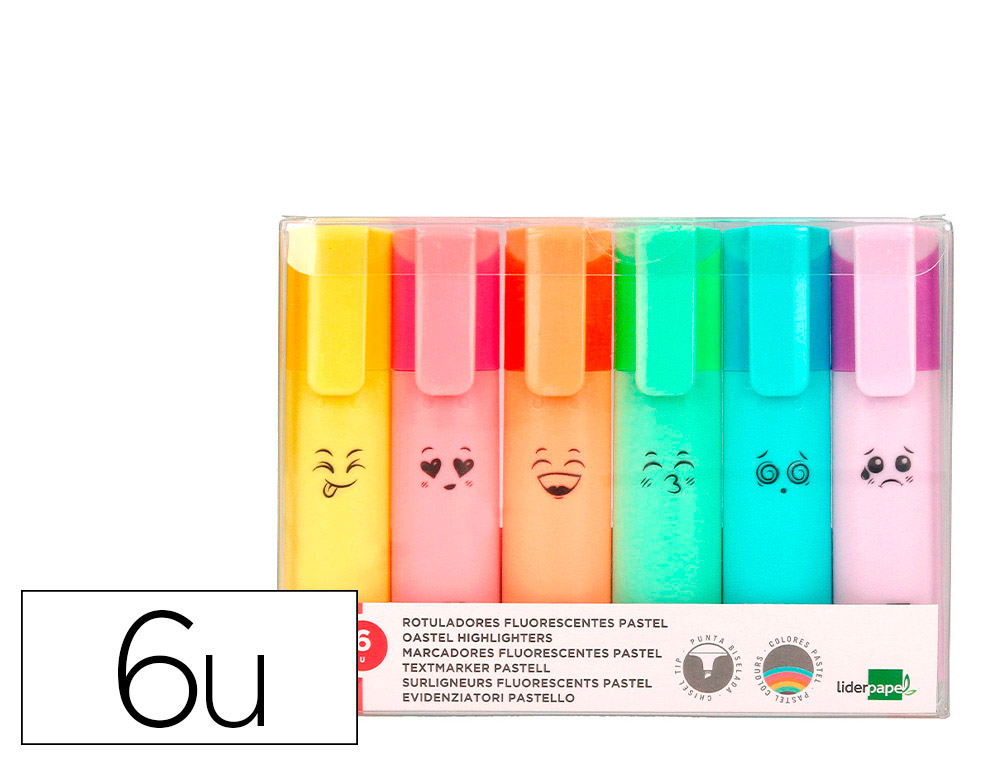 Rotulador liderpapel fluorescente pastel punta biselada estuche de 6 unidades colores surtidos