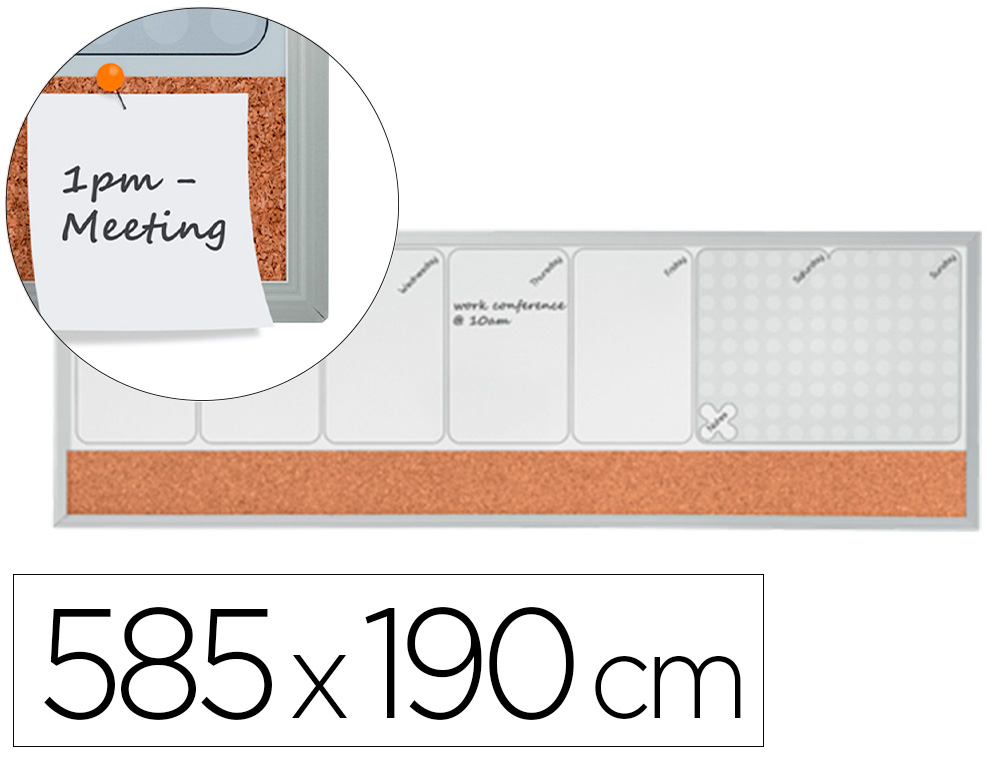 Planificador semanal nobo magnetico + tablero corcho horizontal con marco de aluminio 585x190 mm