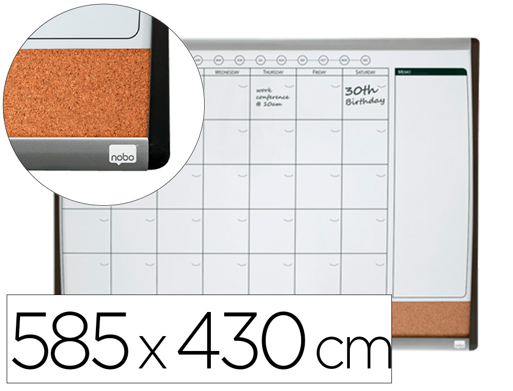 Planificador mensual nobo magnetico + tablero corcho horizontal con marco arqueado plata y negro 585x430 mm