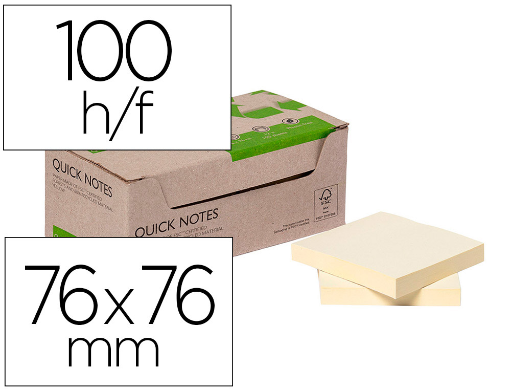 Bloc de notas adhesivas quita y pon q-connect 76x76 mm 100% papel reciclado amarillo en caja de carton