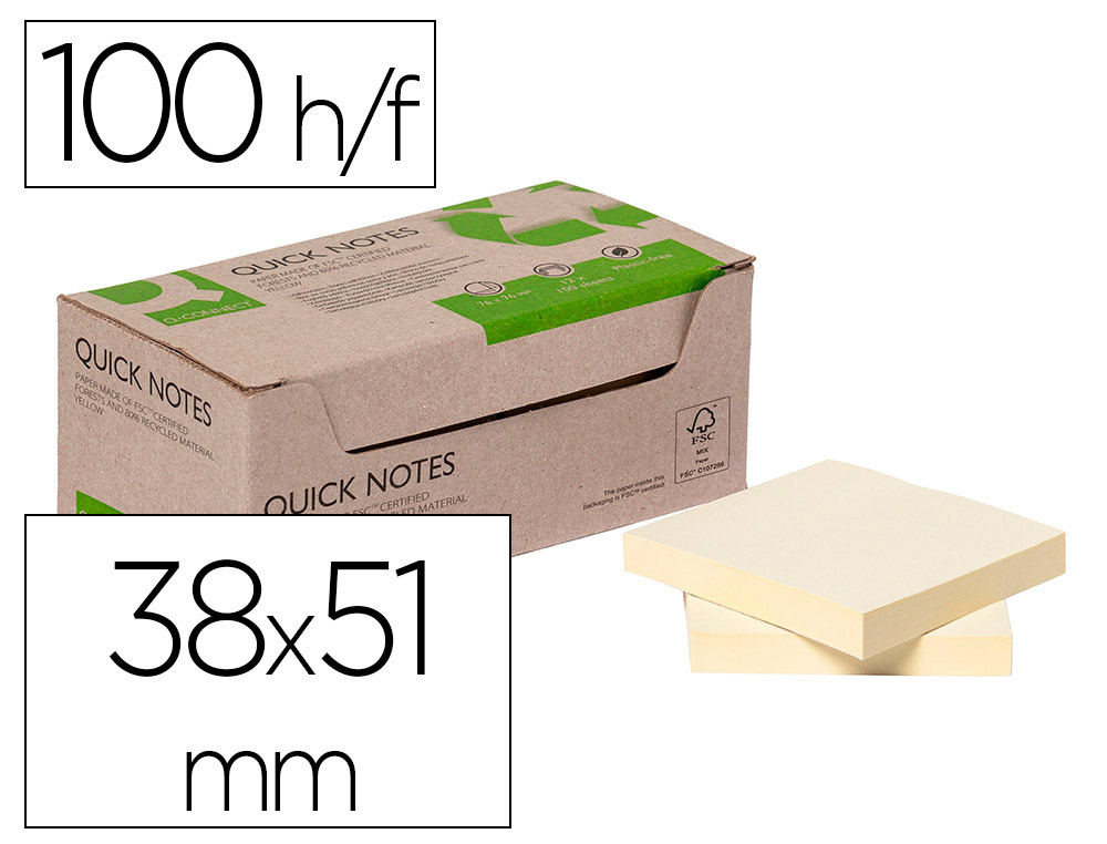 Bloc de notas adhesivas quita y pon q-connect 38x51 mm 100% papel reciclado amarillo en caja de carton
