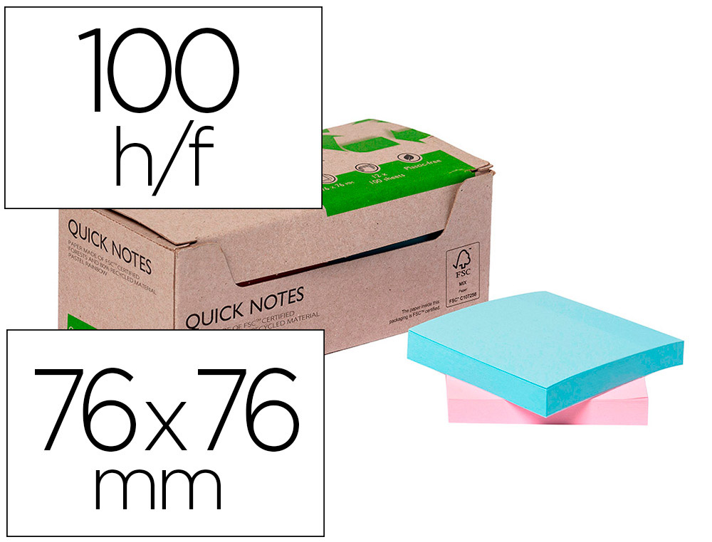 Bloc de notas adhesivas quita y pon q-connect 76x76 mm 100% papel reciclado colores pasteles en caja de carton