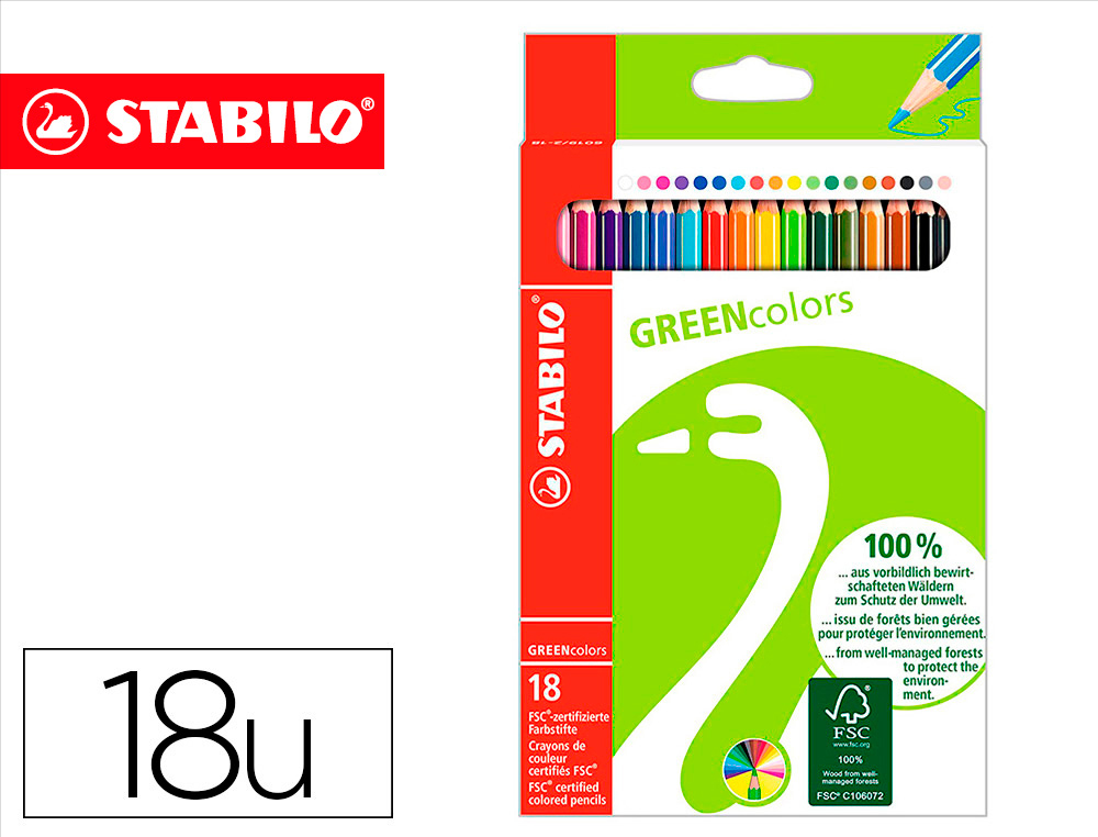 Lapices de colores stabilo green colors con certificado fsc estuche carton de 18 unidades colores surtidos