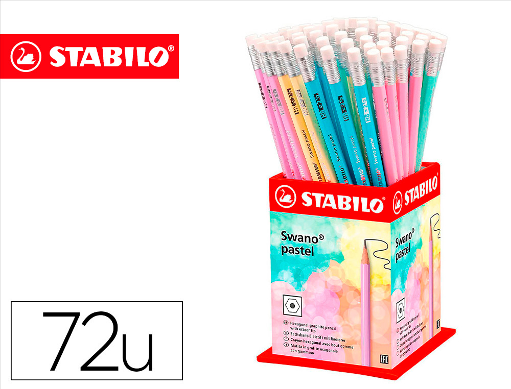 Lapices de grafito con goma stabilo swano mina 2,2 mm dureza hb expositor de 72 unidades colores pasteles