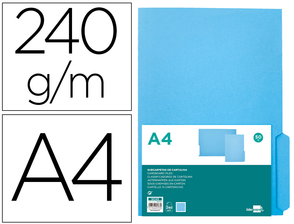 Subcarpeta cartulina liderpapel din a4 pestaña derecha 240g/m2 azul