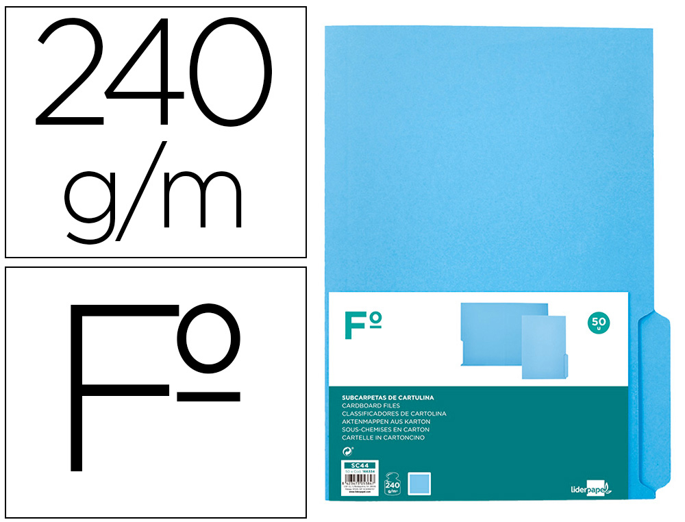 Subcarpeta cartulina liderpapel folio pestaña derecha 240g/m2 azul