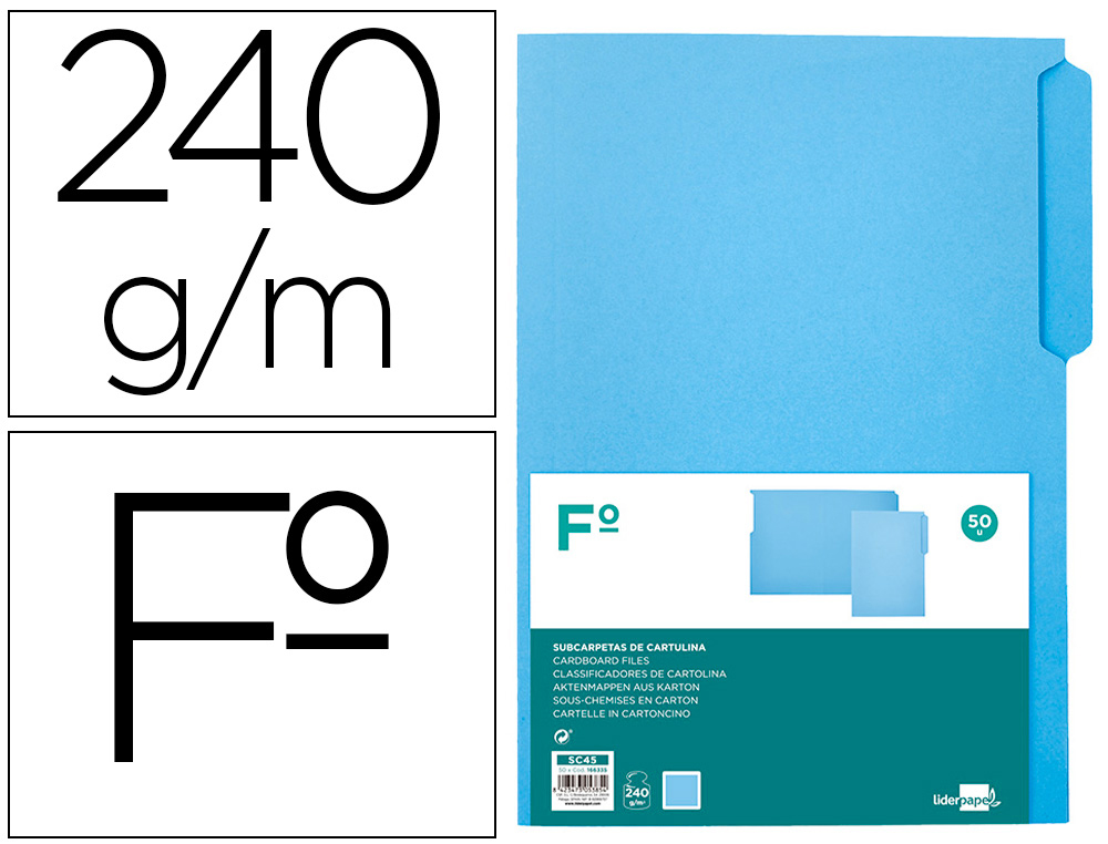 Subcarpeta cartulina liderpapel folio pestaña izquierda 240g/m2 azul