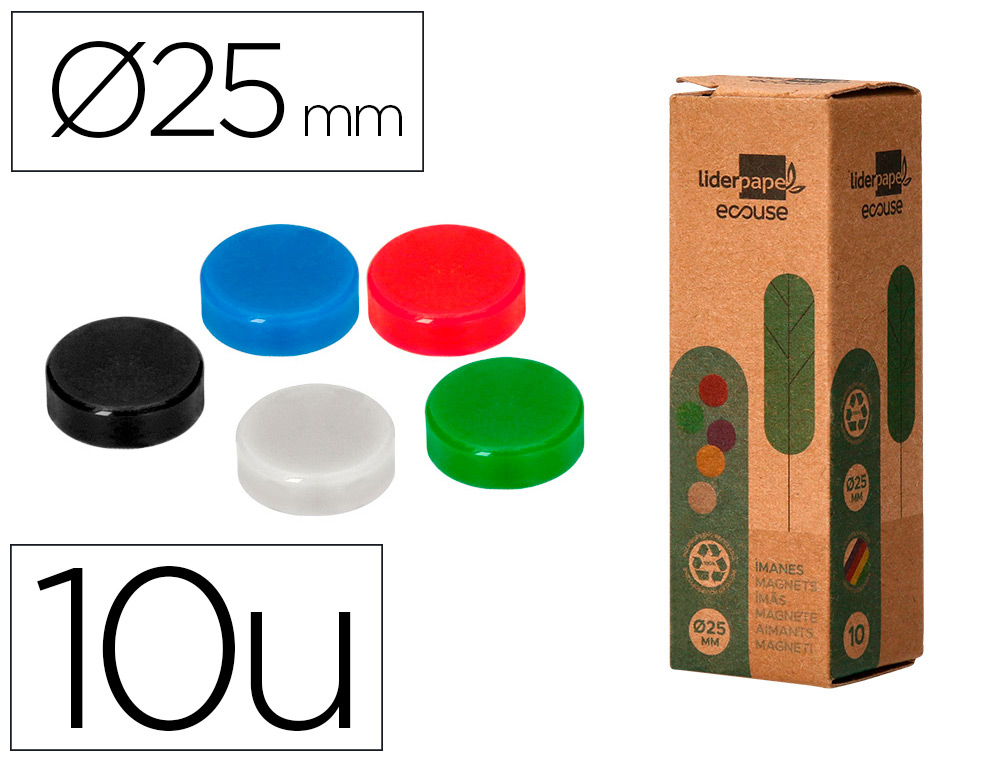 Iman para sujecion liderpapel ecouse pp reciclado para pizarra magnetica 25 mm caja de 10 unidades