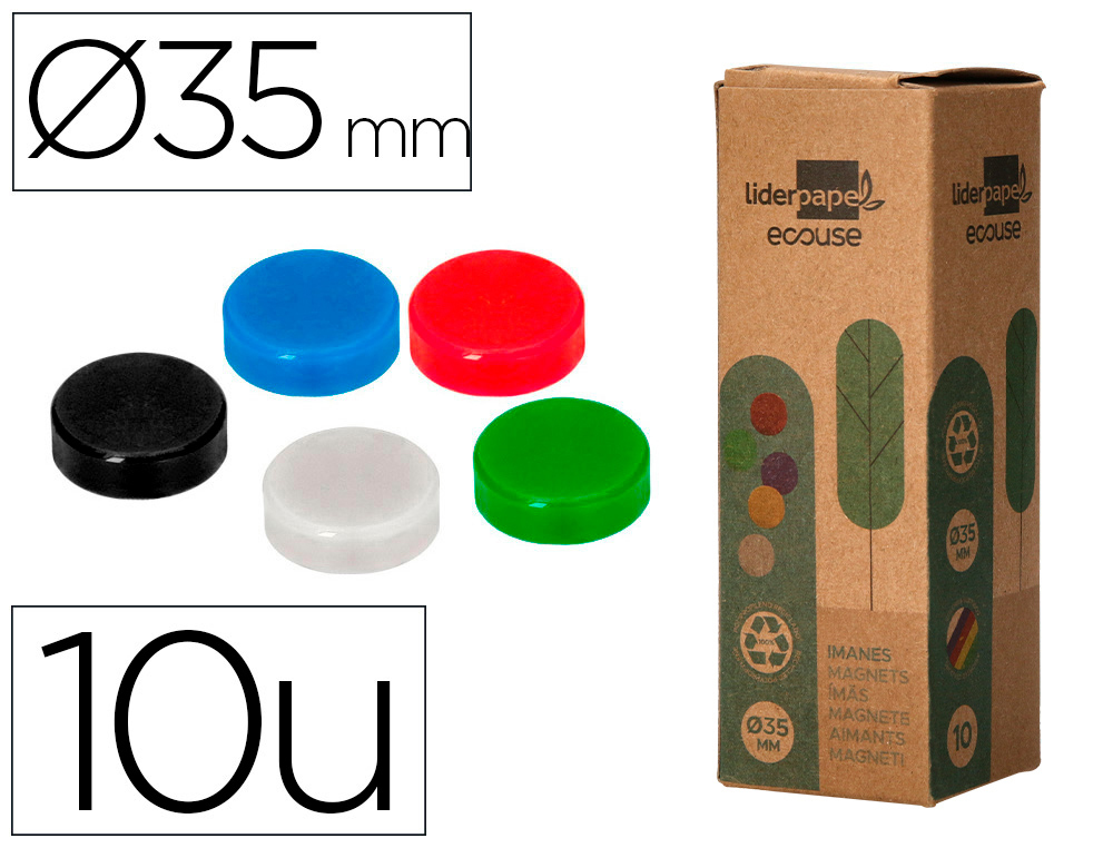 Iman para sujecion liderpapel ecouse pp reciclado para pizarra magnetica 35 mm caja de 10 unidades
