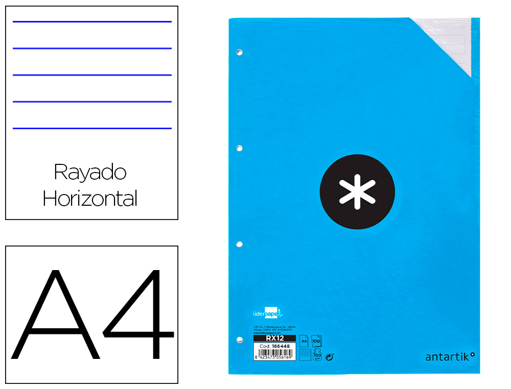 Recambio antartik a4 100 hojas 100g/m2 rayado horizontal 4 taladros bandas de 5 colores