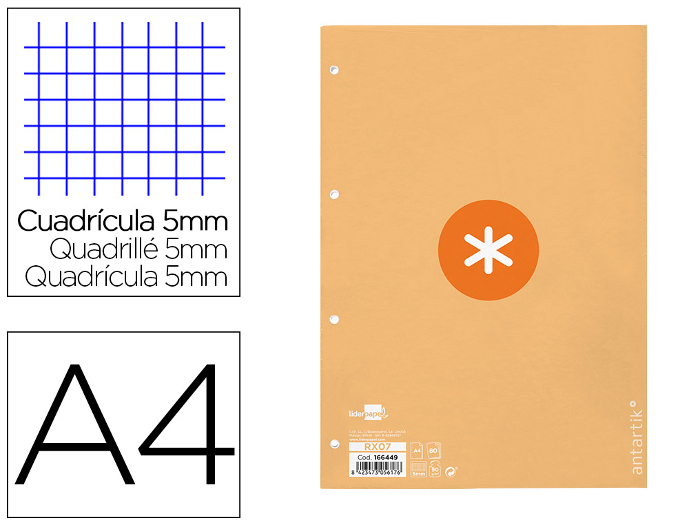Recambio a4 antartik 80 hojas 90g/m2 cuadro 5mm 4 taladros 1 banda con marco color peach