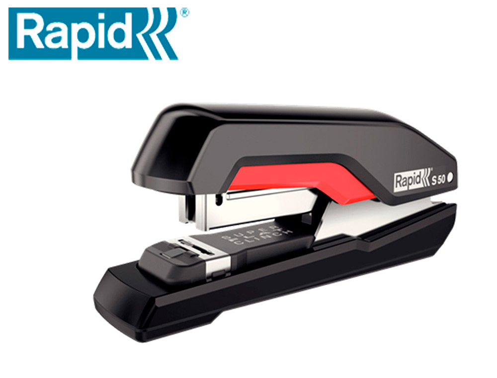 Grapadora rapid supreme s50 plastico capacidad de grapado 50 hojas usa grapas 24/6-8+ y 26/6-8+ color negro/rojo