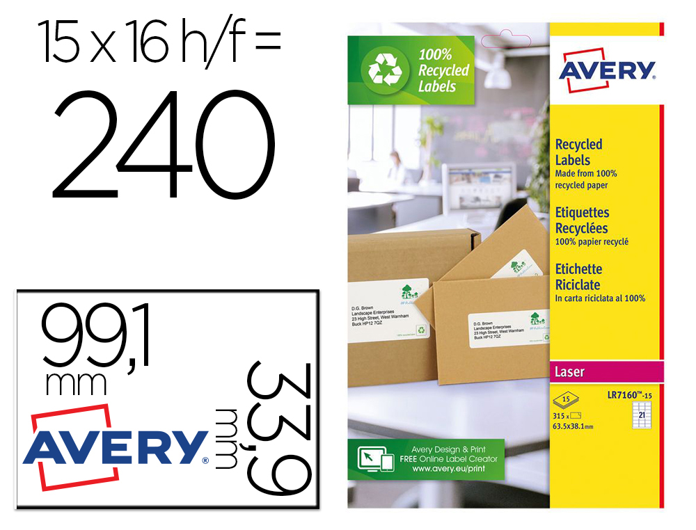 Etiqueta adhesiva avery blanca permanente reciclada 100% laser 99,1x33,9 mm caja de 240 unidades