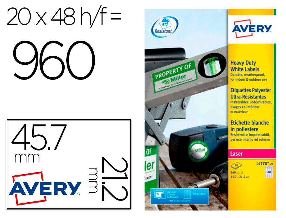 Etiqueta adhesiva resistente avery poliester blanco laser 45,7x21,2 mm caja de 960 unidades