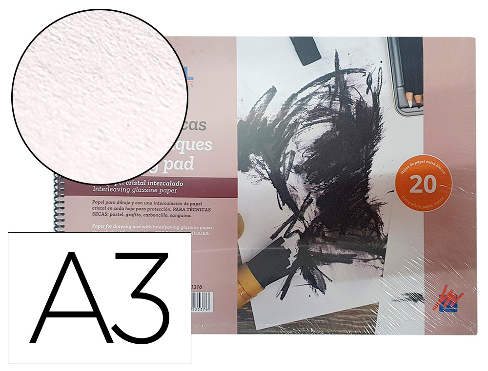 Bloc dibujo acuarela michel espiral din a3 con papel cristal intercalado 20 hojas 200 gr/m2 297x420 mm