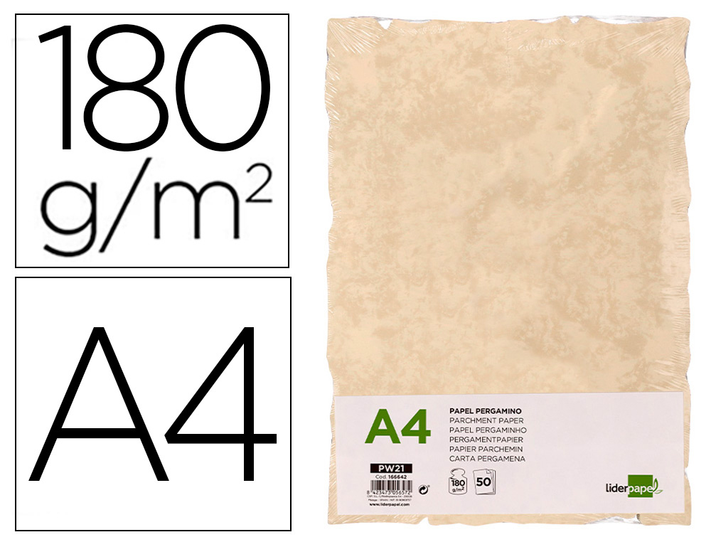 Papel pergamino liderpapel din a4 con bordes 180 gr color crema paquete de 50 hojas
