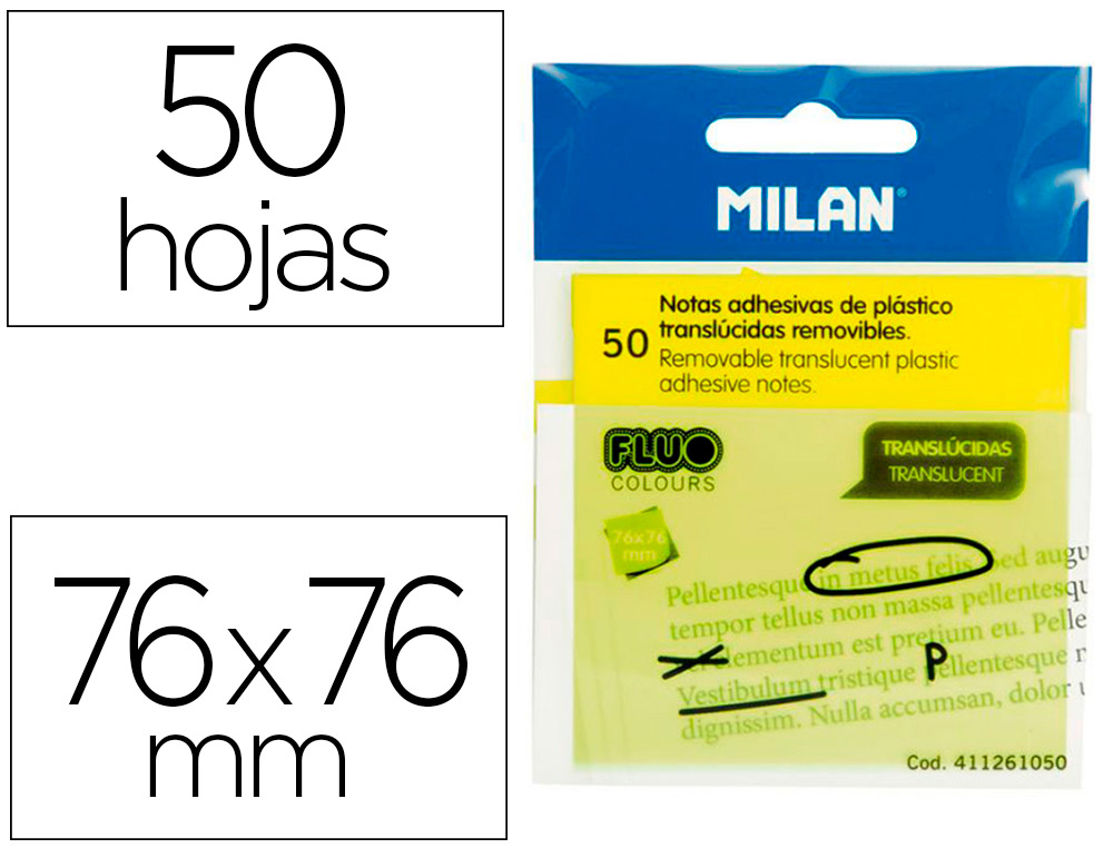 Bloc de notas adhesivas quita y pon milan 76x76 mm removible plastico translucido amarillo fluor 50 hojas
