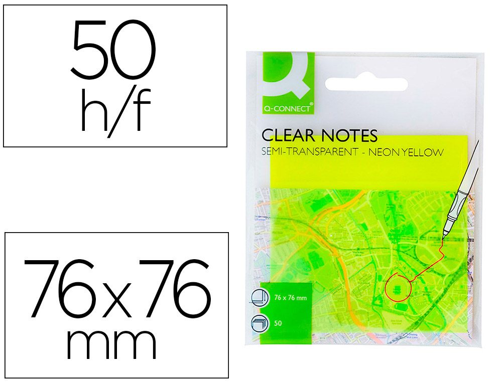 Bloc de notas adhesivas quita y pon q-connect 76x76 mm removible plastico translucido amarillo neon con 50 hojas
