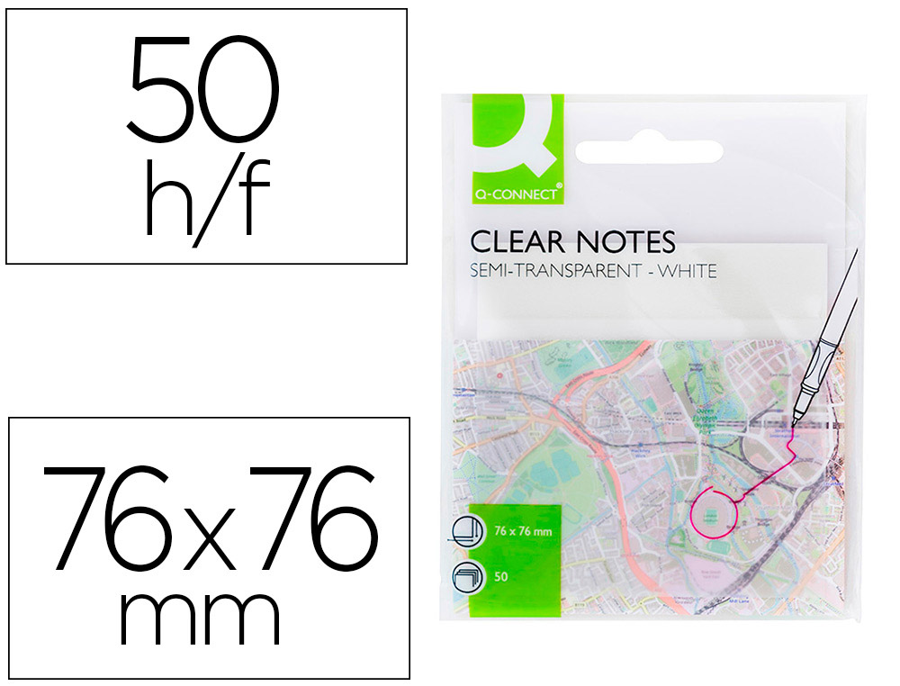 Bloc de notas adhesivas quita y pon q-connect 76x76 mm removible plastico translucido blanco 50 hojas