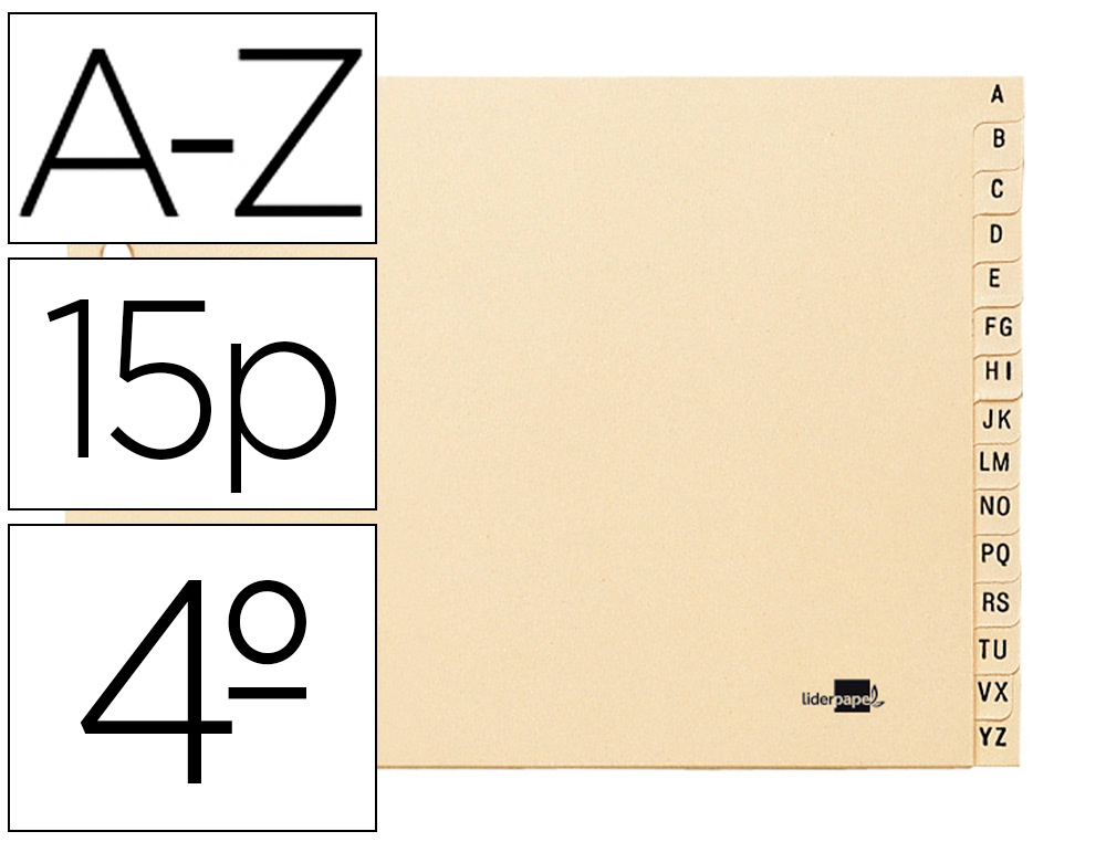 Indice alfabetico liderpapel cartulina para archivador 15 posiciones a-z cuarto apaisado