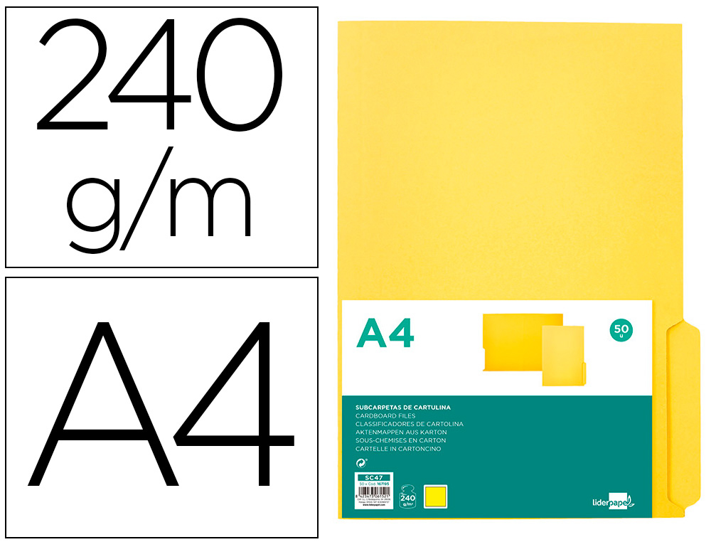 Subcarpeta cartulina liderpapel din a4 pestaña derecha 240g/m2 color amarillo