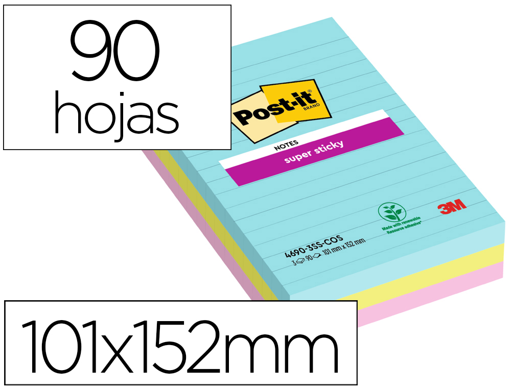 Bloc de notas adhesivas quita y pon post-it super sticky cosmic rayado 90 hojas 101x152 mm paquete de 3 unidades