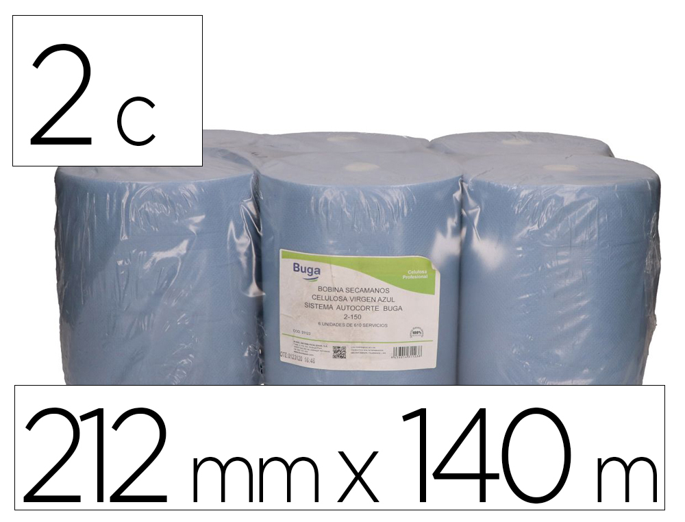 Papel secamanos bunzl 2 capas greensource celulosa reciclada azul 212mm x 140mt sistema autocorte paquete de 6 rollos