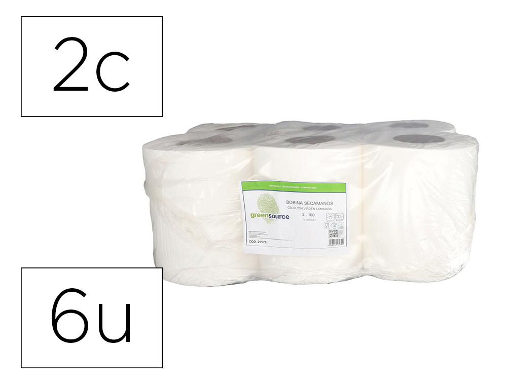Papel secamanos bunzl greensource celulosa blanco 2 capas 200 mm x 100 mt paquete de 6 unidades