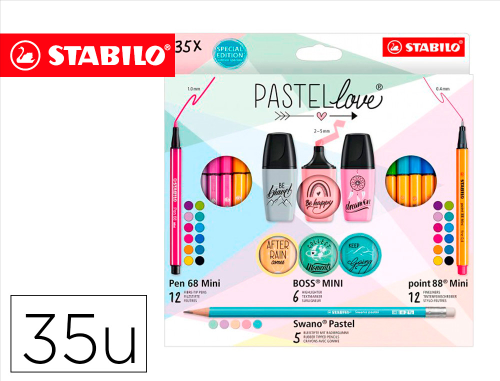 Set stabilo pastel love mini world pen 68 / point 88 / boss / swano 35 unidades surtidas