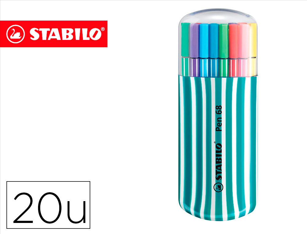 Rotulador stabilo punta de fibra pen 68 zebrui turquesa estuche de 20 unidades colores surtidos