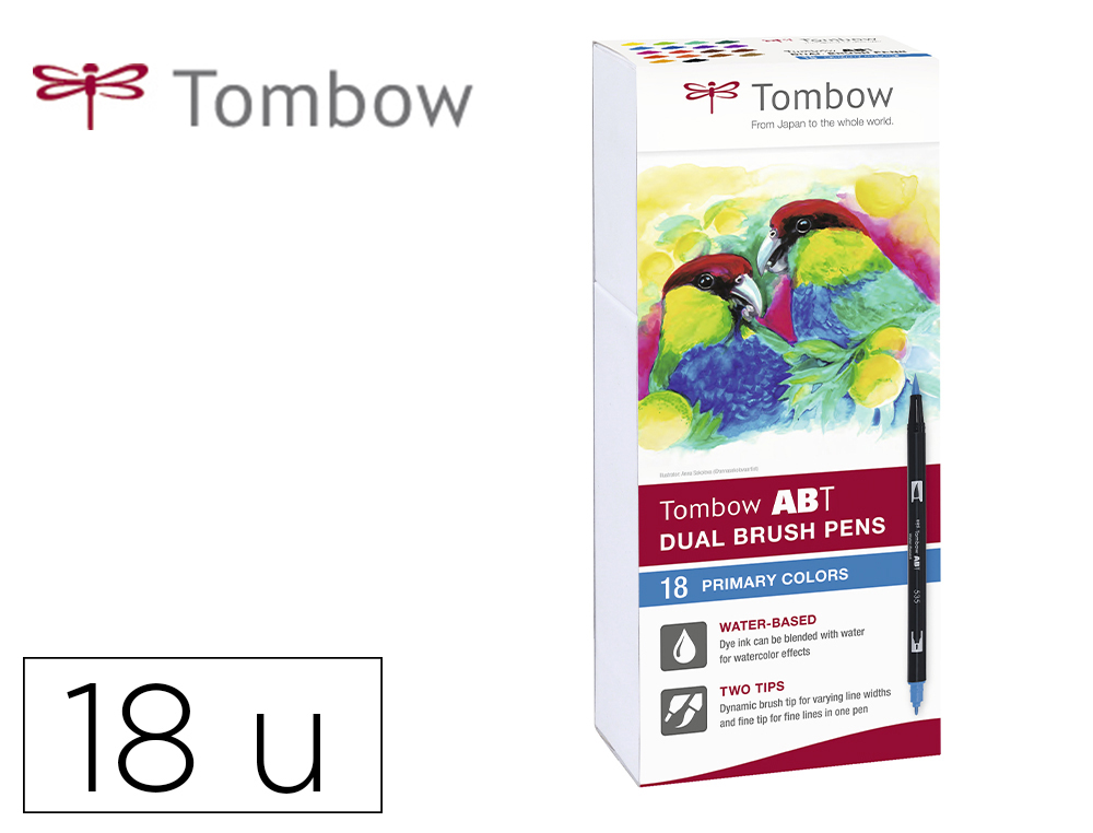 Rotulador tombow abt dual brush acuarelable doble punta fina/pincel estuche de 18 colores primarios