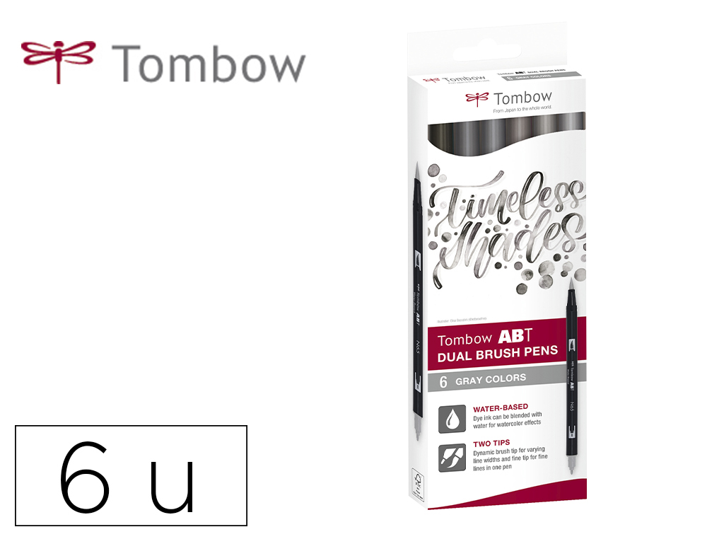 Rotulador tombow abt dual brush acuarelable doble punta fina/pincel estuche de 6 colores gama grises