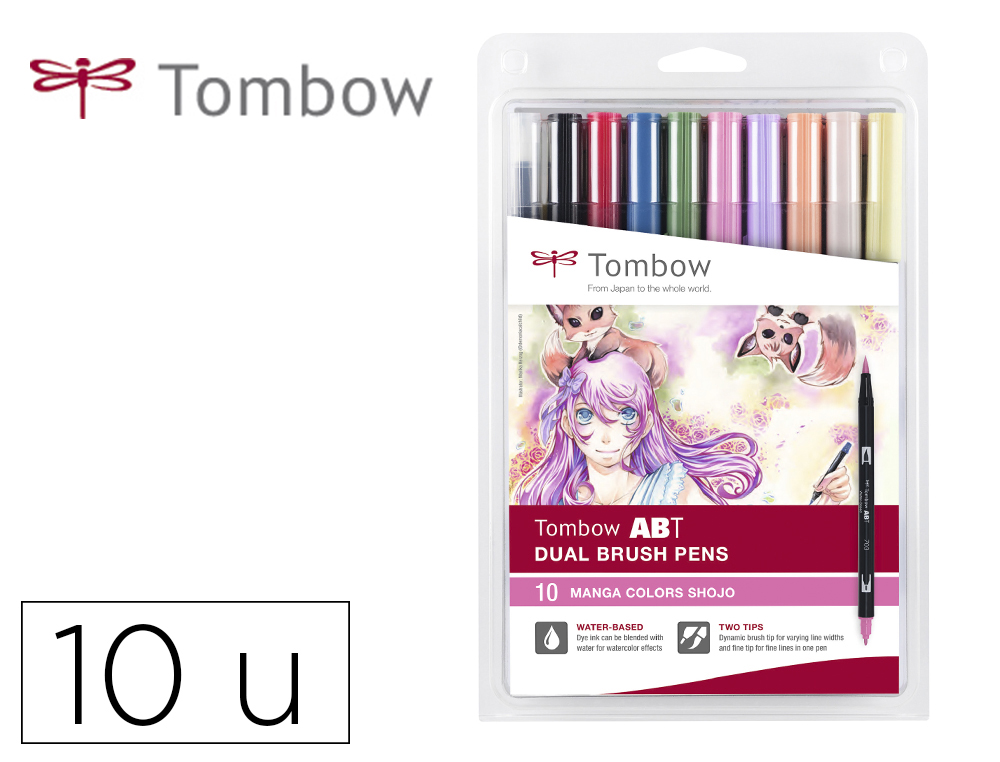 Rotulador tombow abt dual brush acuarelable doble punta fina/pincel estuche de 10 colores manga shojo