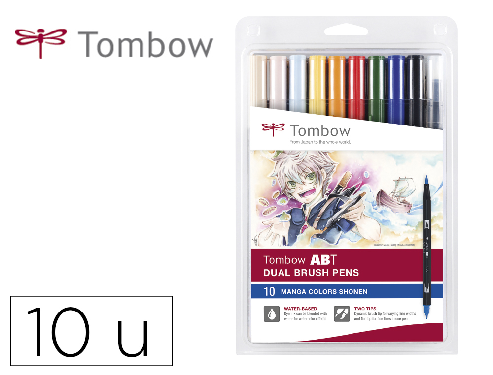 Rotulador tombow abt dual brush acuarelable doble punta fina/pincel estuche de 10 colores manga shonen