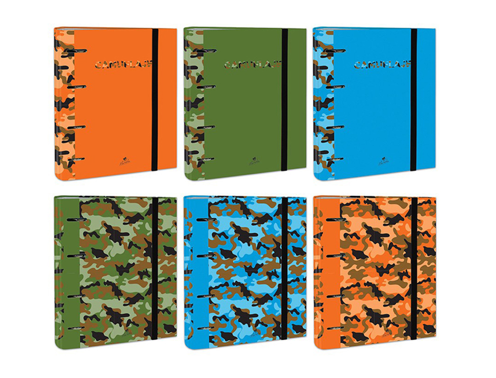 Carpeta de 4 anillas de 40 mm mixtas carton forrado folio colores surtidos camuflaje 6 diseños