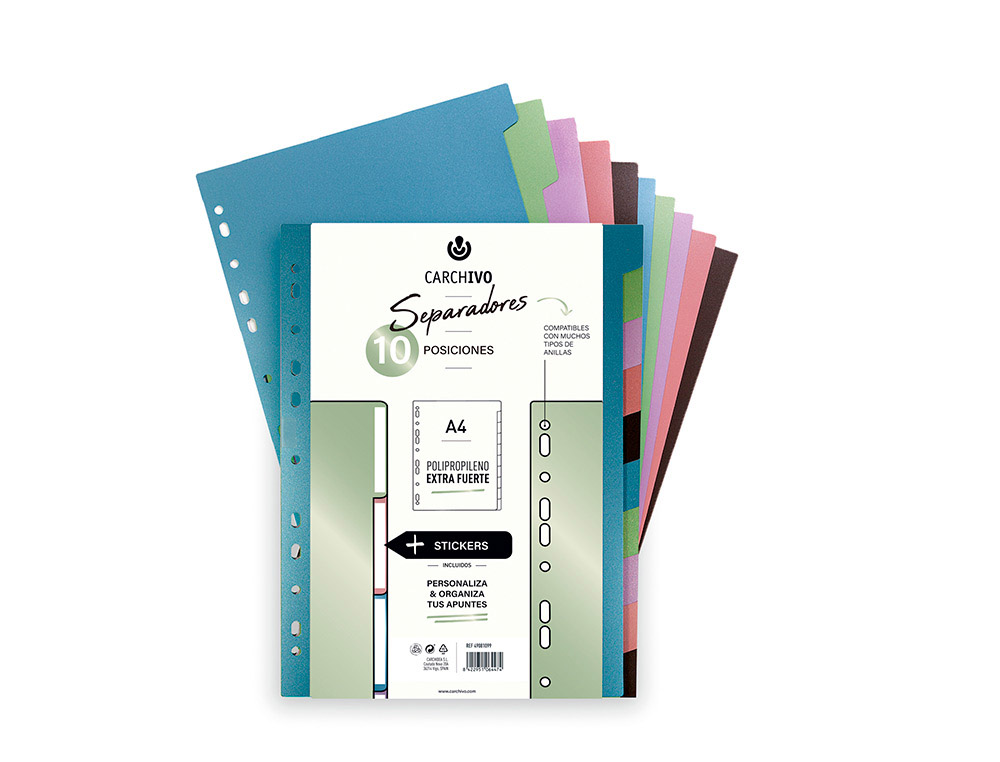 Separador carchivo polipropileno juego de 10 pestañas color metalizado