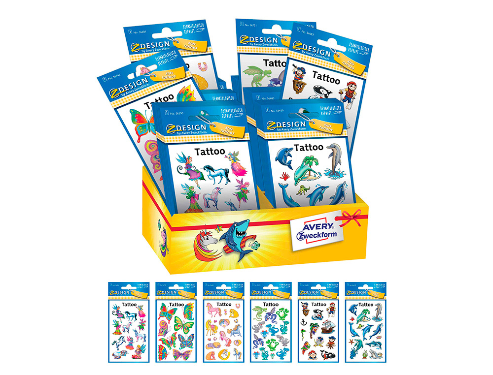 Pegatinas avery tatuaje 6 modelos diferentes expositor de 60 blister surtidos