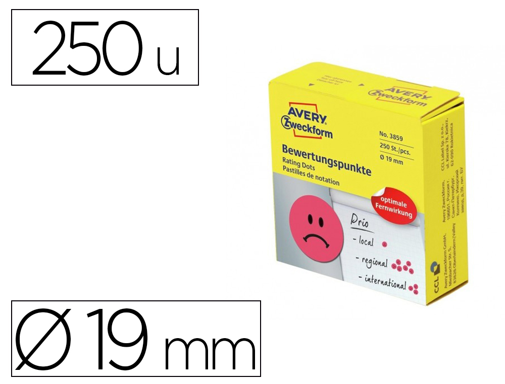 Etiqueta adhesiva avery smile rojo triste 19 mm rollo de 250 unidades