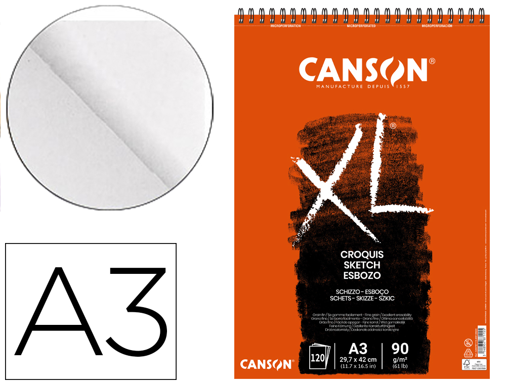 Bloc dibujo croquis din a3 microperforado 29,7x42 cm 120 hojas grano fino 90 gr/m2