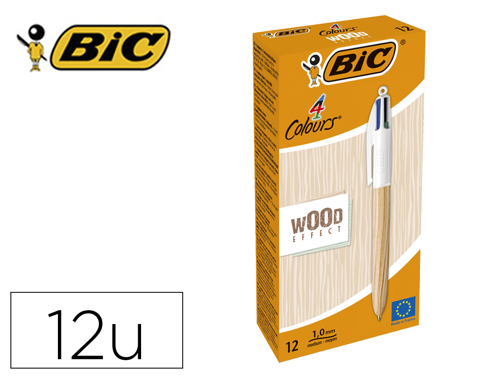 Boligrafo bic cuatro colores wood caja de 12 unidades