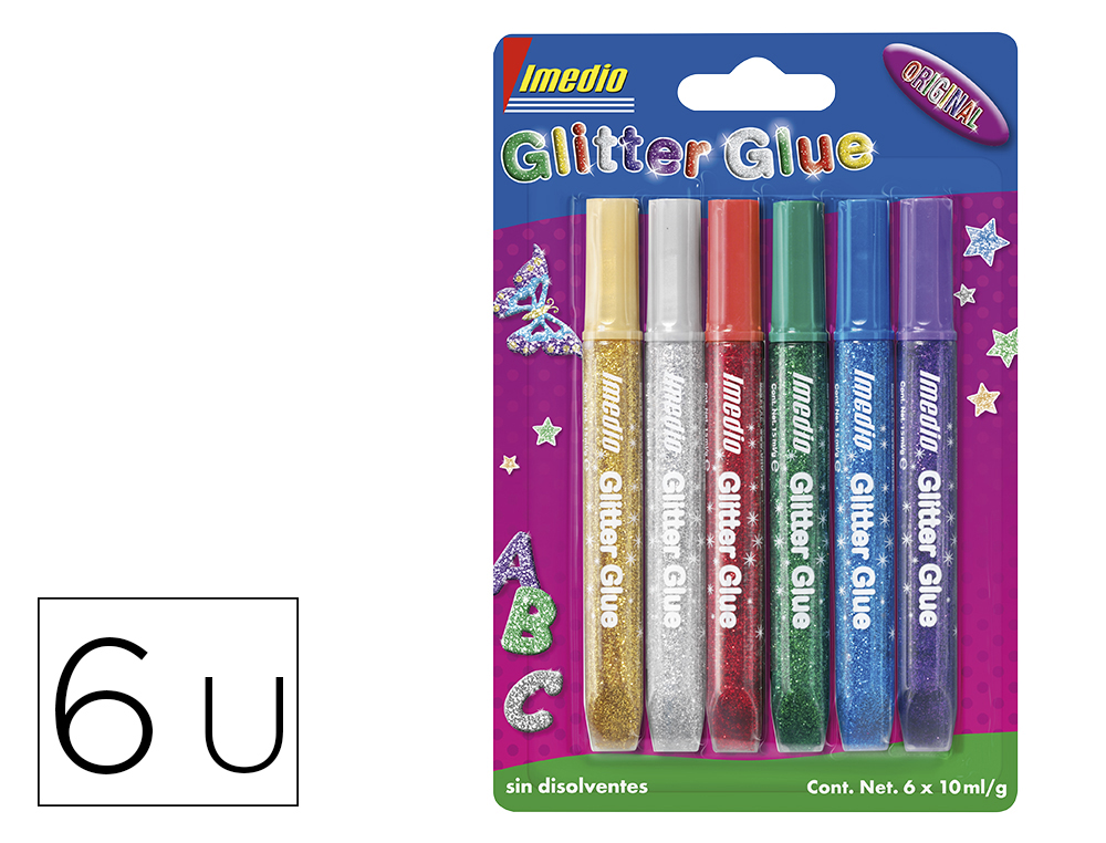 Pegamento imedio glitter glue original para manualidades 10ml blister de 6 unidades colores surtidos