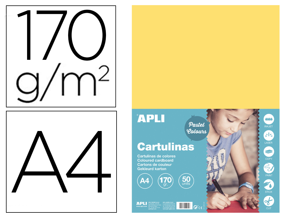 Cartulina apli din a4 170g/m2 amarillo claro paquete de 50 hojas