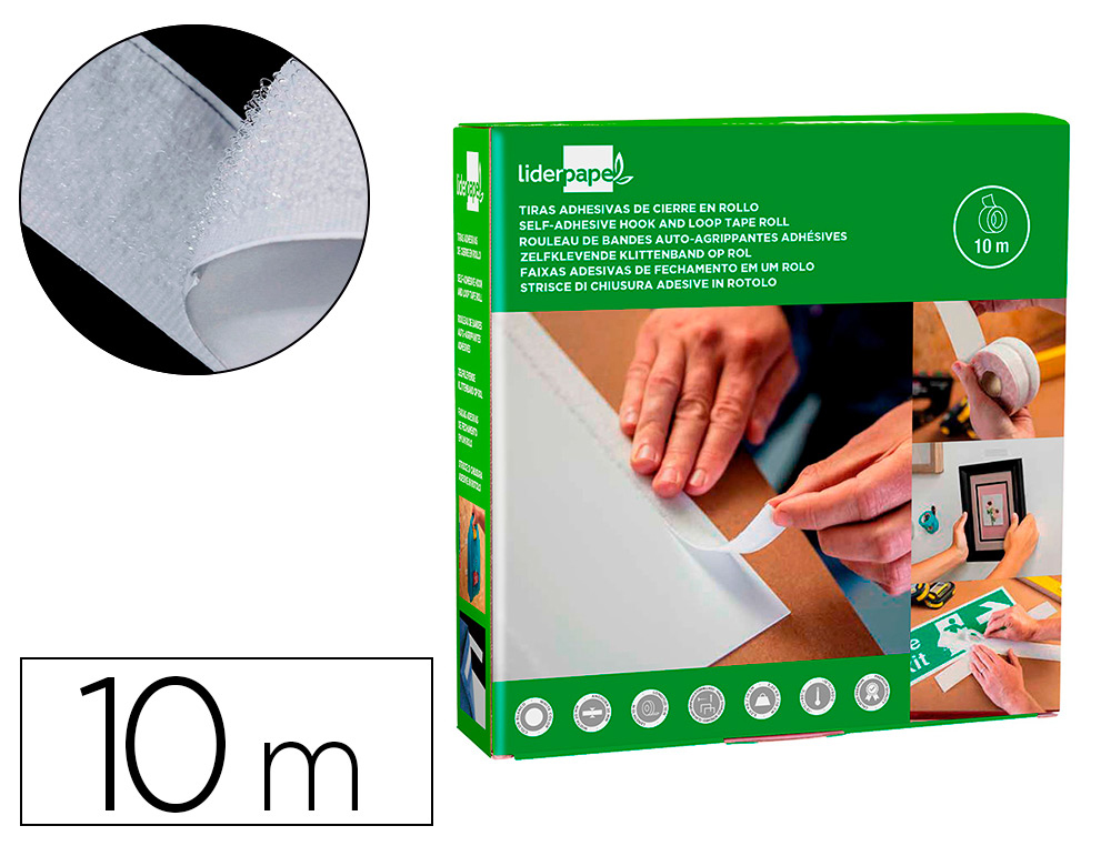 Cinta de cierre adhesiva liderpapel velcro blanco 20mm x 10m