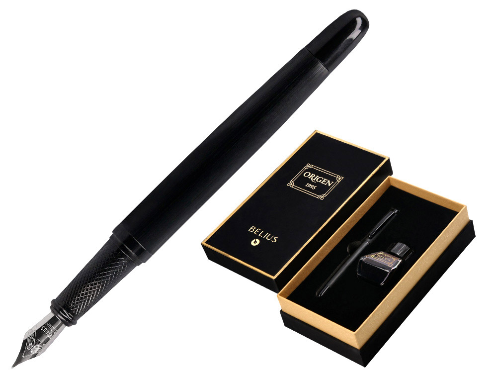 Pluma y frasco de tinta belius origen 1995 aluminio textura cepillada color negro tinta negra caja diseño
