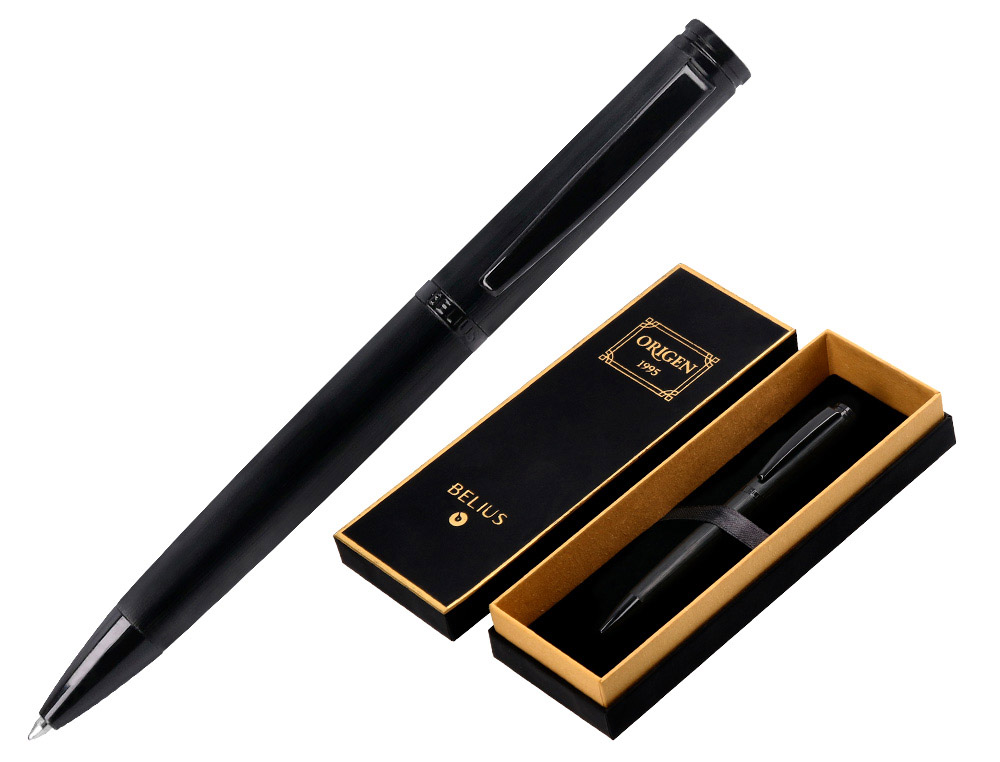 Boligrafo belius origen 1995 aluminio textura cepillada color negro tinta azul caja de diseño