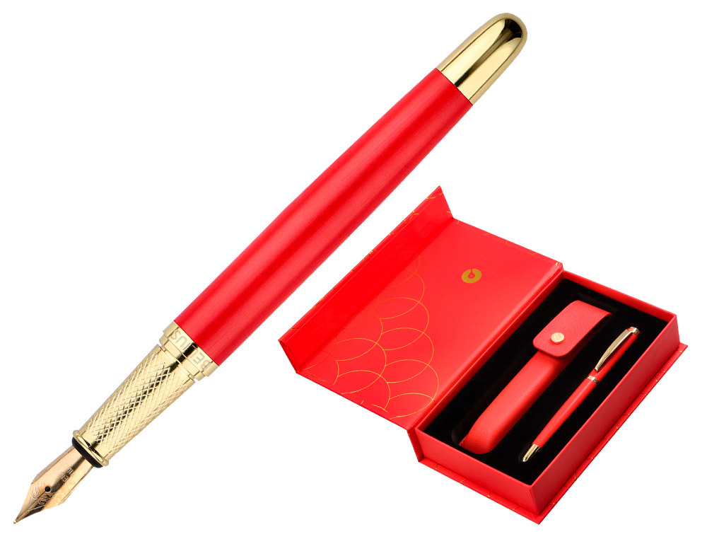 Pluma y estuche cuero belius passion dor aluminio textura cepillada color rojo y dorado tinta azul caja de diseño