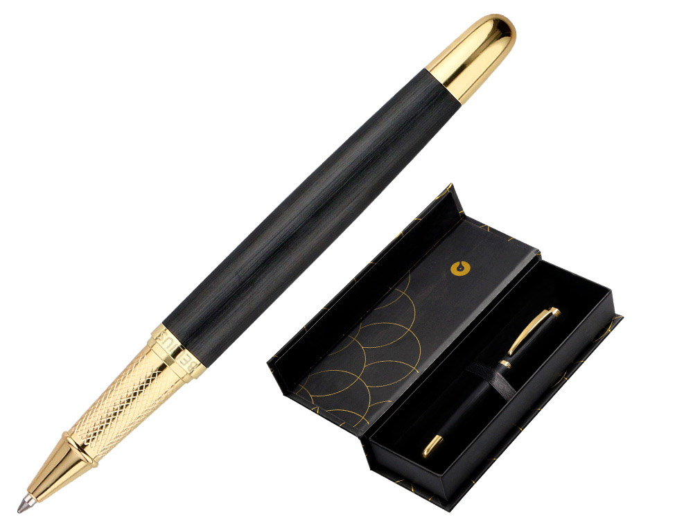 Boligrafo belius passion dor aluminio textura cepillada color negro y dorado tinta azul caja de diseño