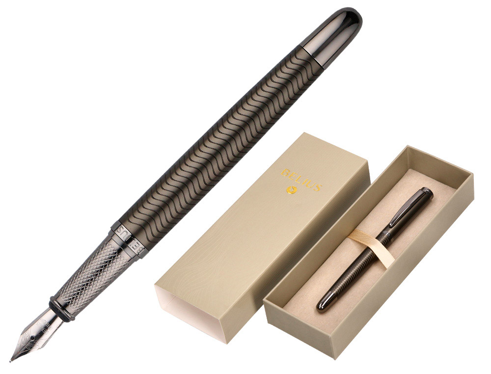 Pluma belius neptuno aluminio textura wavy color caqui tinta azul caja de diseño